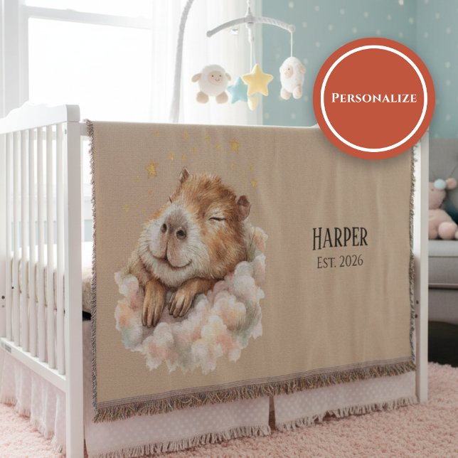 Personalized Nursery Blanket • Sleepy Capybara Decke (Watercolor nursery blanket with sleepy capybara on clouds and stars on warm beige background)