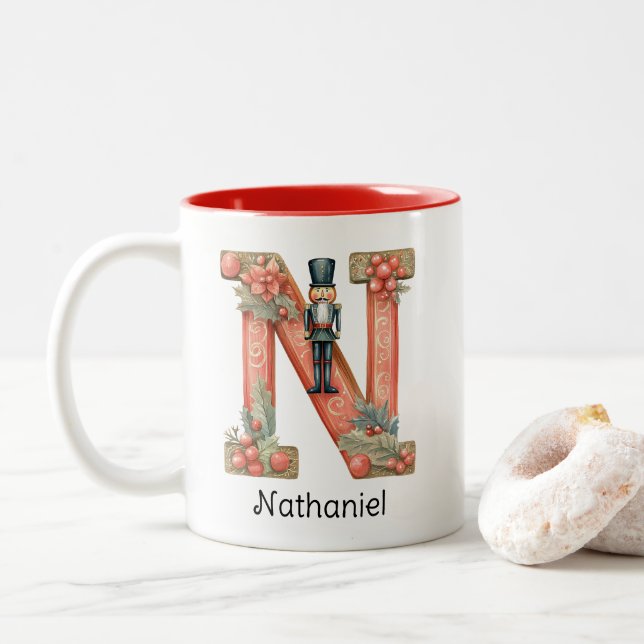 Personalized Nutcracker Monogram N Christmas  Zweifarbige Tasse (Mit Donut)