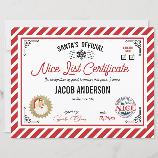 Personalized Official Santa Nice List Certificate (Vorderseite)
