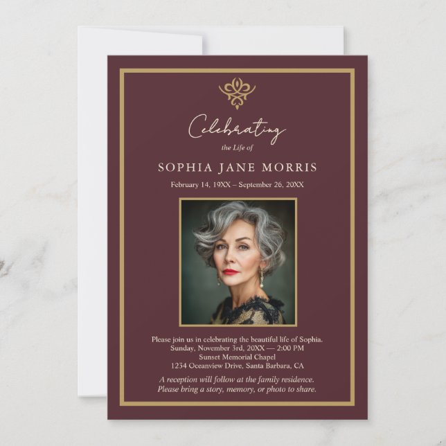 Personalized Old Money Burgundy Funeral Invitation Einladung (Vorderseite)