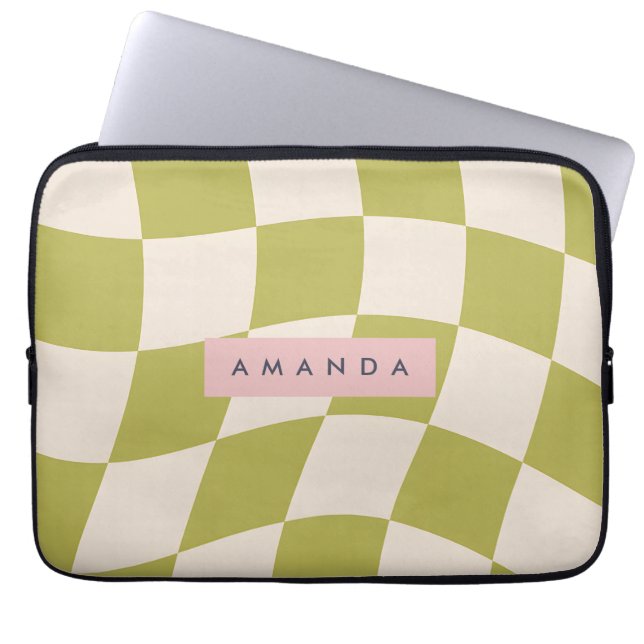 Personalized Olive Green Retro Checkered Wave Laptopschutzhülle (Vorderseite)