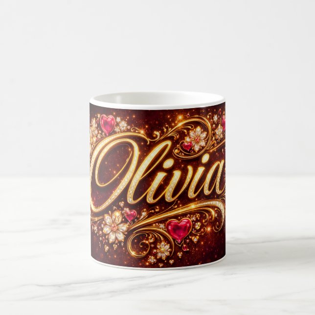 Personalized Olivia Mug Pink Hearts Gold Romantic  Kaffeetasse (Mittel)