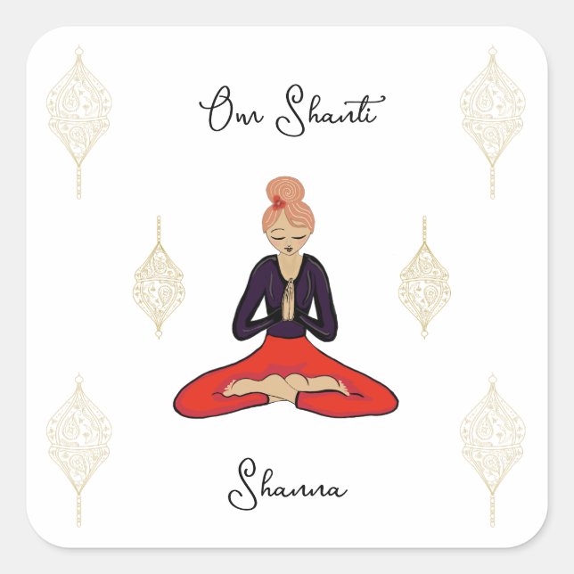 Personalized Om Shanti Yoga Girl Quadratischer Aufkleber (Vorderseite)