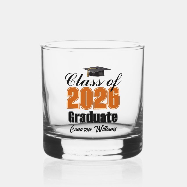 Personalized Orange Black Class of 2026 Graduation Whiskyglas (Vorderseite)