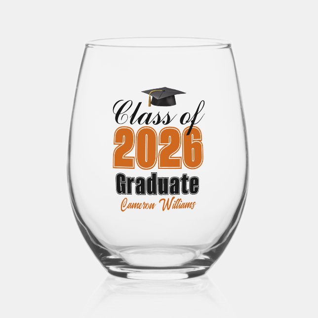 Personalized Orange Class of 2026 Graduation Weinglas Ohne Stiel (Vorderseite)