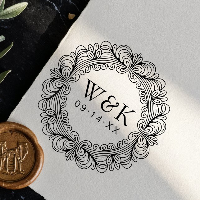 Personalized Ornate Wreath Wedding Monogram & Date Gummistempel (Von Creator hochgeladen)
