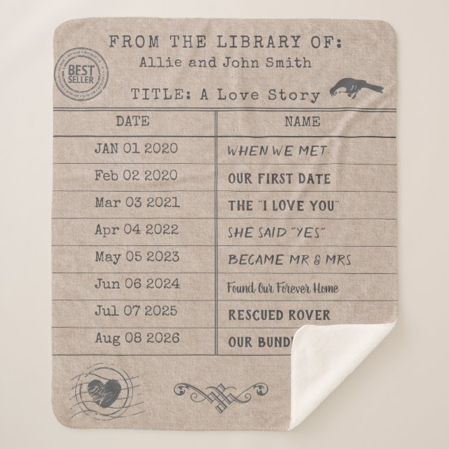 Personalized "Our Love Story" Library Card Sherpadecke (Vorderseite)