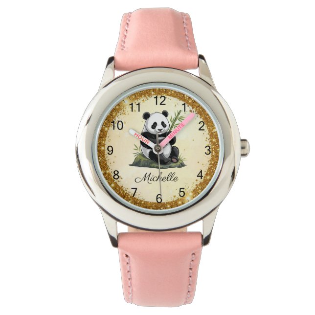 Personalized Panda Bear With Greenery Bamboo Gold Armbanduhr (Vorderseite)