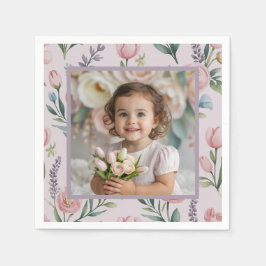Personalized Pastel Floral Photo Birthday Girl Serviette