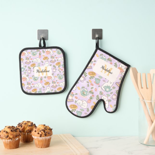 Personalized Pastel Lavender Kitchen Tea Cats Ofenhandschuh & Topflappen-Set (Insitu (Hängend))