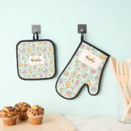 Personalized Pastel Mint Green Kitchen Magic Ofenhandschuh & Topflappen-Set