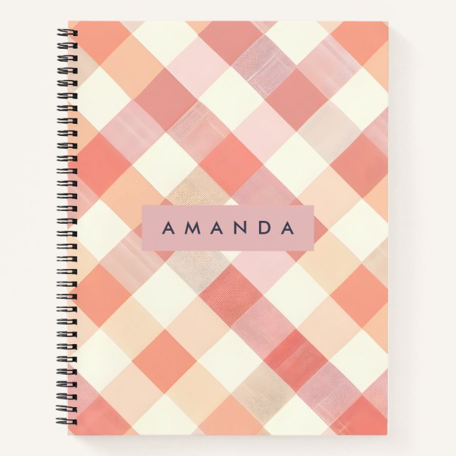Personalized Pastel Peach Checkered Modern  Notizbuch (Vorderseite)