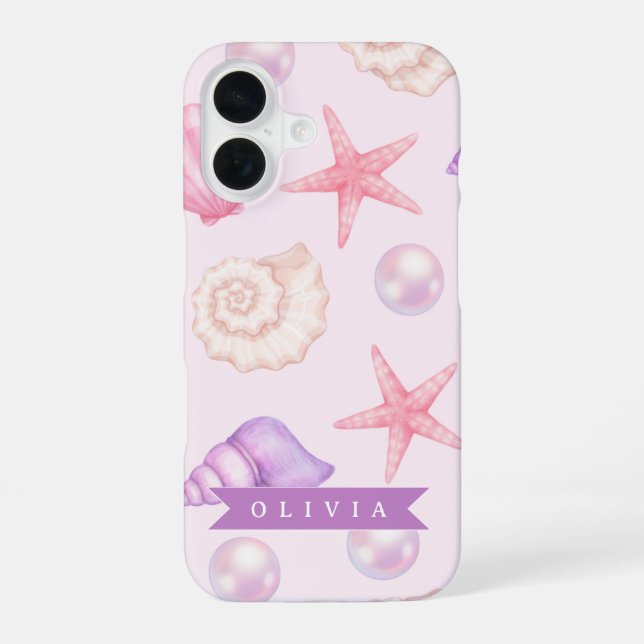 Personalized Pastel Seashell Coastal Custom Name iPhone 16 Hülle (Rückseite)