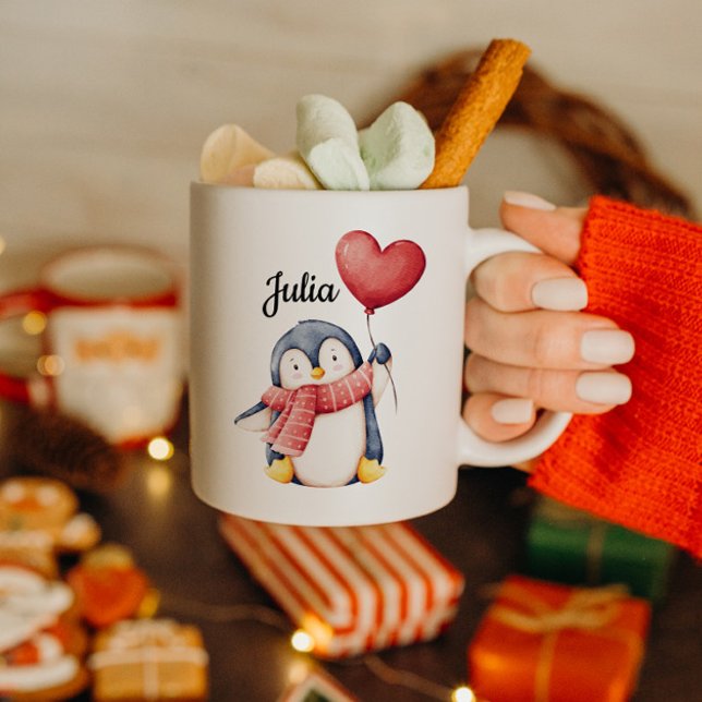 Personalized Penguin Mug With Heart Balloon Kaffeetasse (Von Creator hochgeladen)