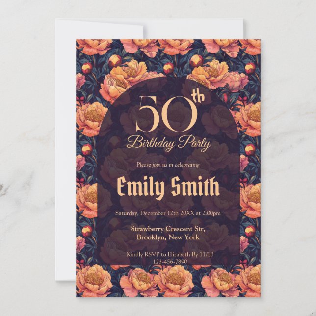 Personalized Peonies Charm 50Th Birthday Einladung (Vorderseite)
