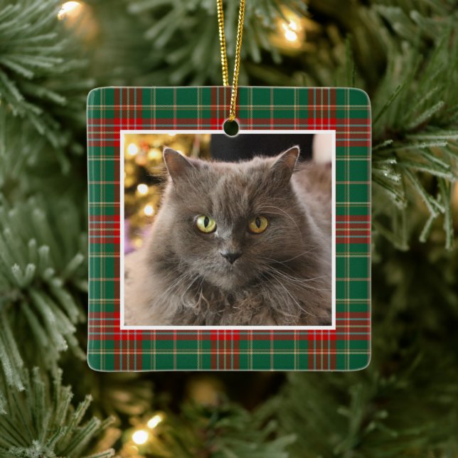 Personalized Pet Cat Dog Christmas Plaid Keramikornament (Baum)