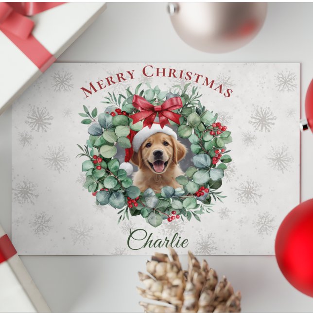 Personalized Pet Christmas with Wreath & Name Postkarte (Von Creator hochgeladen)