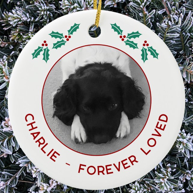 Personalized Pet Dog Memorial Christmas Photo Keramik Ornament (Pet dog photo memorial custom name text Christmas ornament)