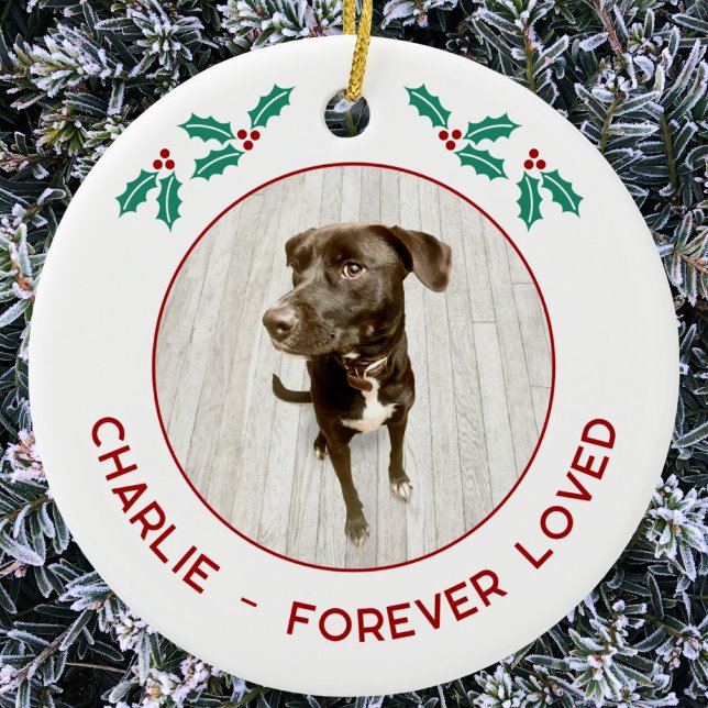 Personalized Pet Dog Memorial Christmas Photo Keramik Ornament (Personalized pet name and text dog photo memorial forever loved Christmas ornament)