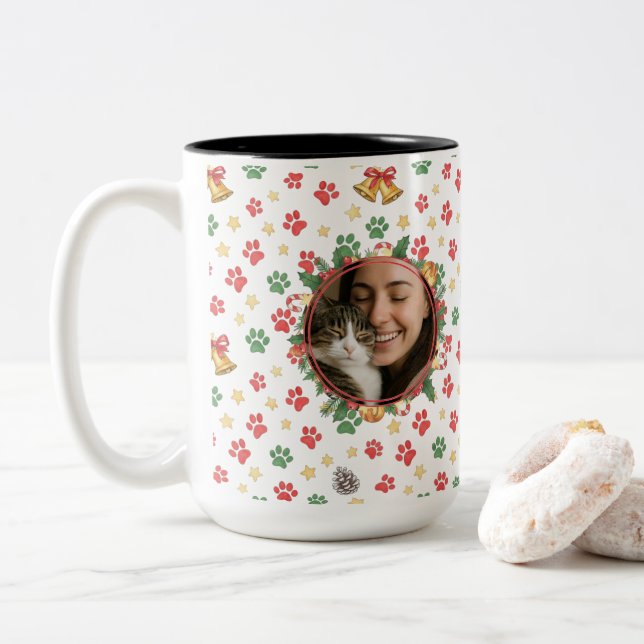 Personalized Pet Photo Christmas Paw Print Mug Zweifarbige Tasse (Mit Donut)