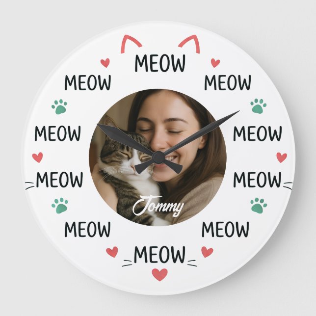Personalized Pet Photo Wall Clock with 'MEOW'  Große Wanduhr (Vorderseite)