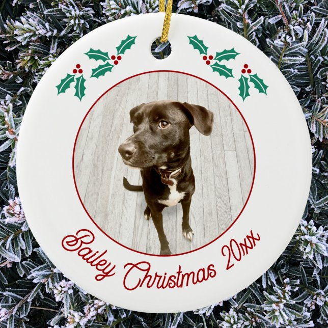 Personalized Pet Puppy Dog Christmas Photo Keramik Ornament (Personalized custom name year puppy dog photo Christmas ceramic ornament for animal lovers)