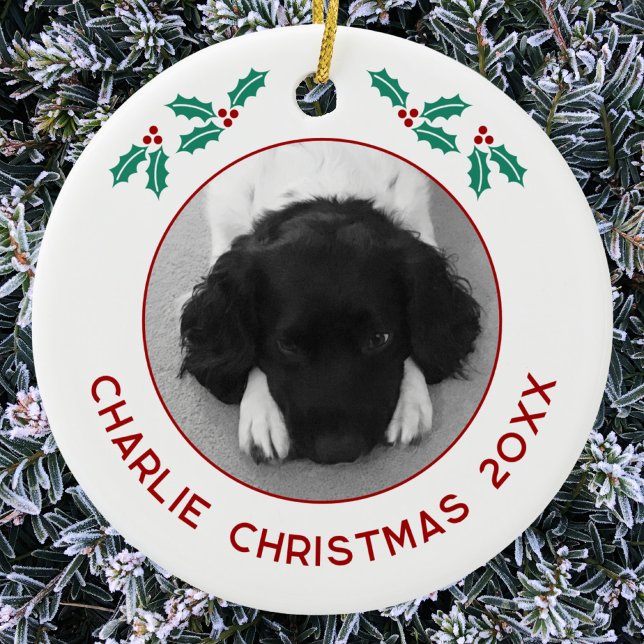 Personalized Pet Puppy Dog Christmas Photo Keramik Ornament (Personalized custom name year puppy dog photo Christmas ceramic ornament for animal lovers)