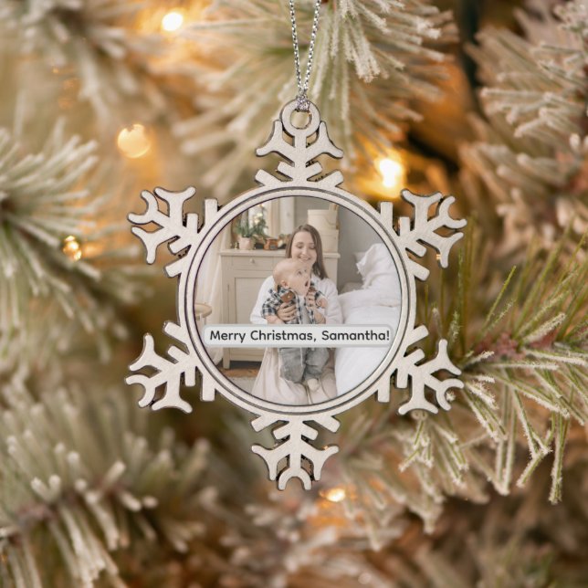 Personalized Pewter Snowflake Photo Christmas  Schneeflocken Zinn-Ornament (Baum)