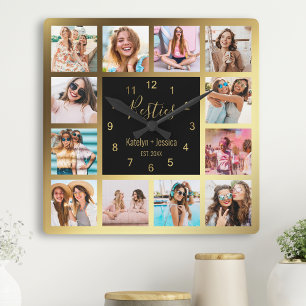 Personalized Photo Collage Besties Gold Black Quadratische Wanduhr