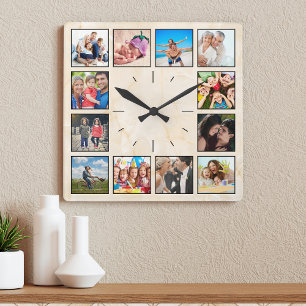 Personalized Photo Collage Elegant Beige Marble Quadratische Wanduhr
