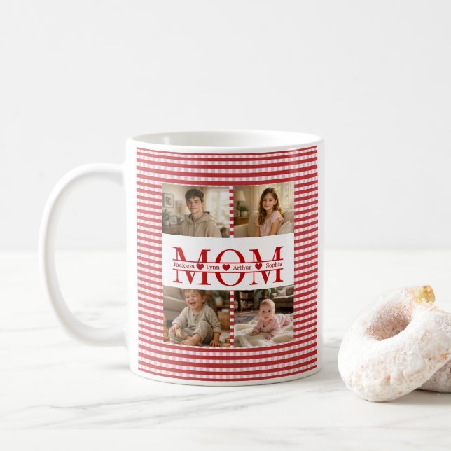 Personalized Photo Collage Mom Heart & Kids Name Kaffeetasse (Mit Donut)