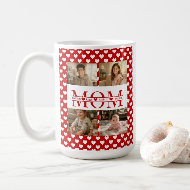 Personalized Photo Collage Mom Heart & Kids Name Kaffeetasse (Mit Donut)
