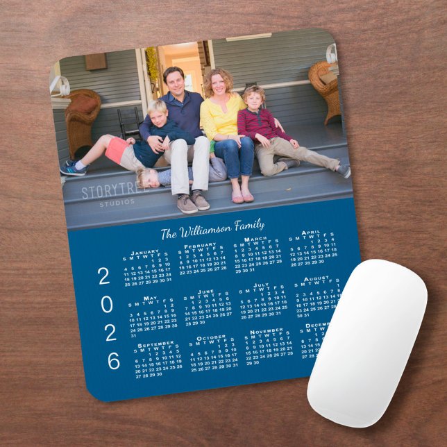 Personalized Photo Name Blue 2026 Calendar Mousepad (Personalized Photo Name Blue 2026 Calendar Mouse Pad, in situ)