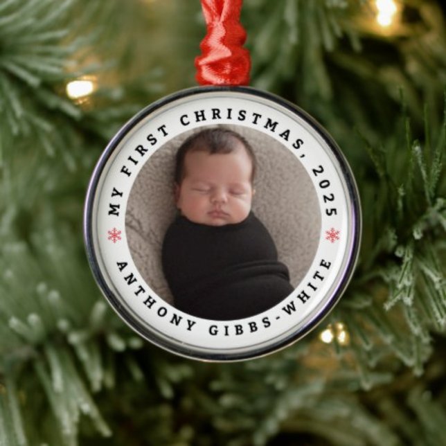 Personalized Photo &Name First Christmas Ornament  Aus Metall (Celebrate her first Christmas with a clean, modern ornament personalized with name & photo. 🎄✨)