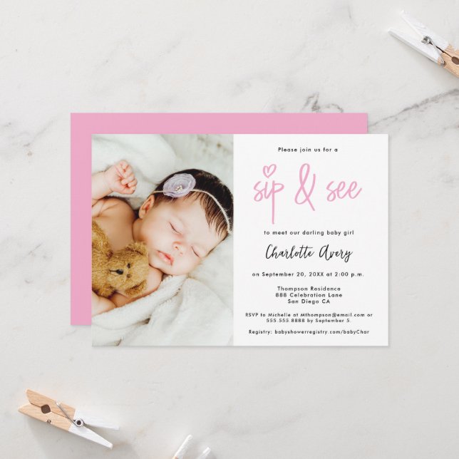 Personalized Photo Sip and See Baby Girl Shower Einladung (Vorderseite/Rückseite Beispiel)