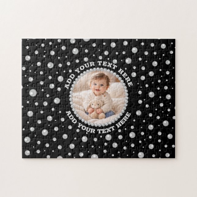 Personalized Photo with Pearls Circle on Black Puzzle (Horizontal)