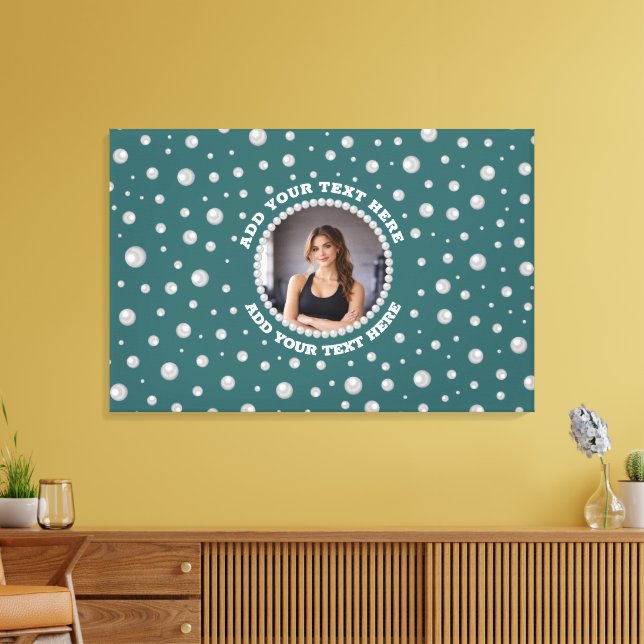 Personalized Photo with Pearls Circle on Teal Leinwanddruck (Insitu (Wohnzimmer))