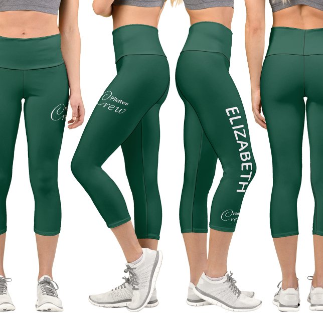 Personalized Pilates Crew Reformer / Mat Green Capri Leggings (Green leggings shown from 4 different views with a white background.)