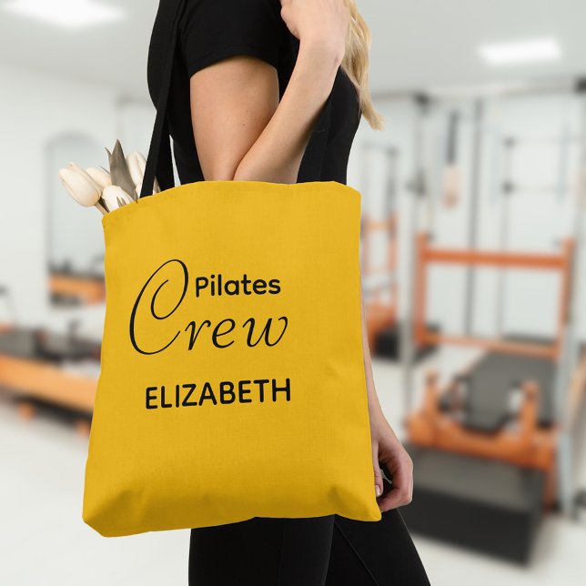 Personalized Pilates Crew Reformer Or Mat Yellow (Pilates Crew tote bag. Background out of focus.)