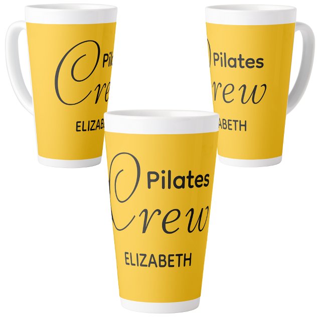 Personalized Pilates Crew Reformer Or Mat Yellow Milchtasse (Yellow Pilates latte mugs on a white background.)