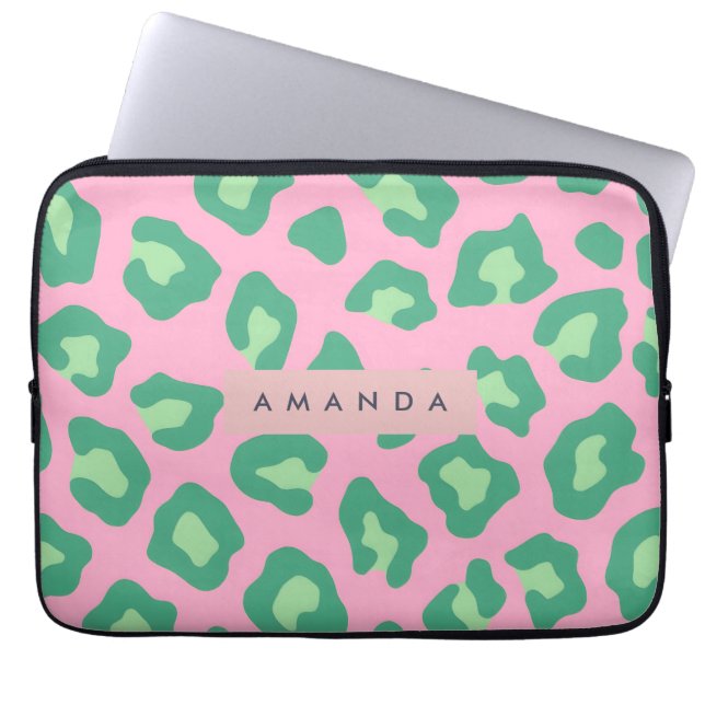 Personalized Pink and Green Leopard Print Laptopschutzhülle (Vorderseite)