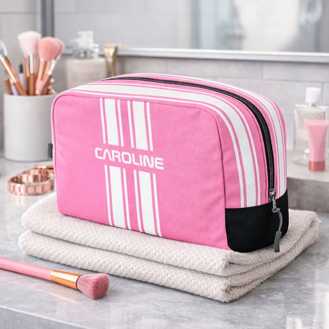 Personalized Pink And White Racing Stripe Travel Waschbeutel (Von Creator hochgeladen)