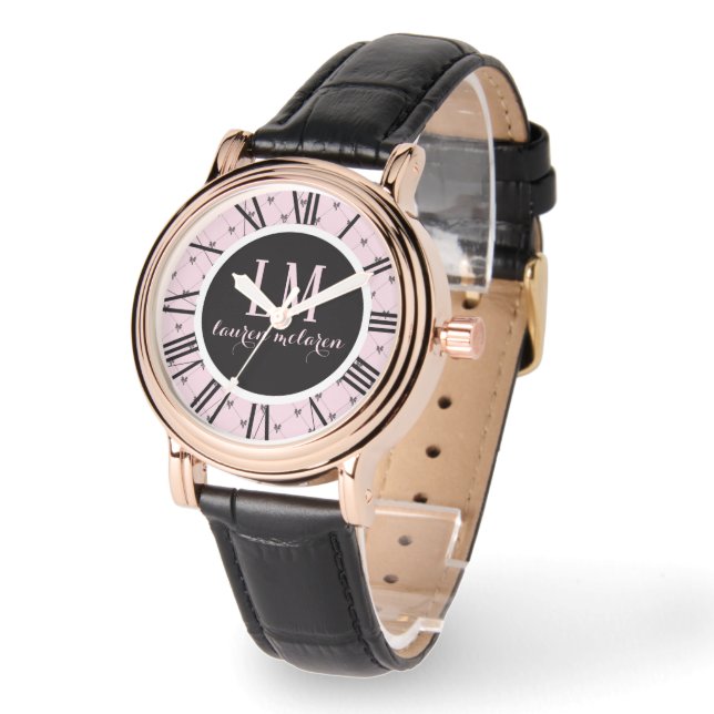 Personalized Pink & Black Bow Armbanduhr (Winkel)