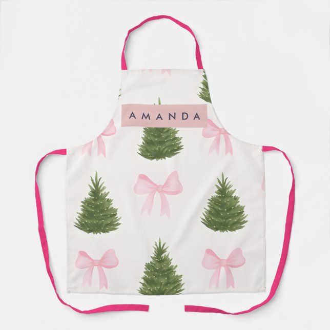 Personalized Pink Bow & Christmas Tree Schürze (Vorderseite)