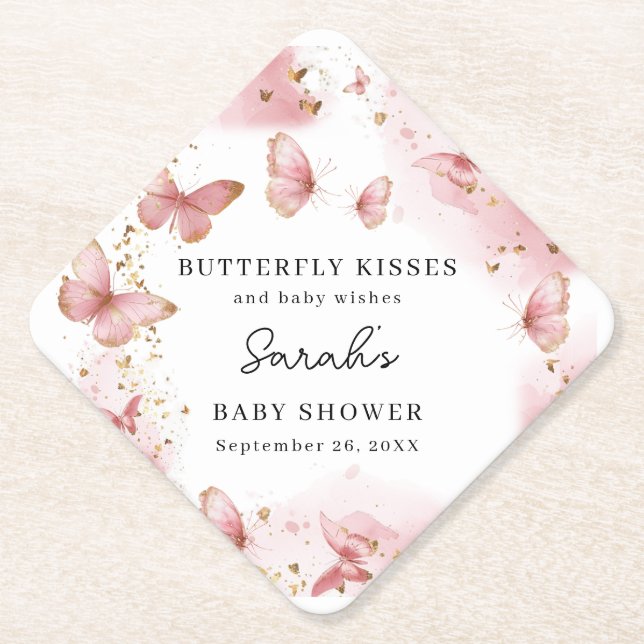 Personalized Pink Butterfly Baby Shower Coaster Untersetzer (Vorderseite)