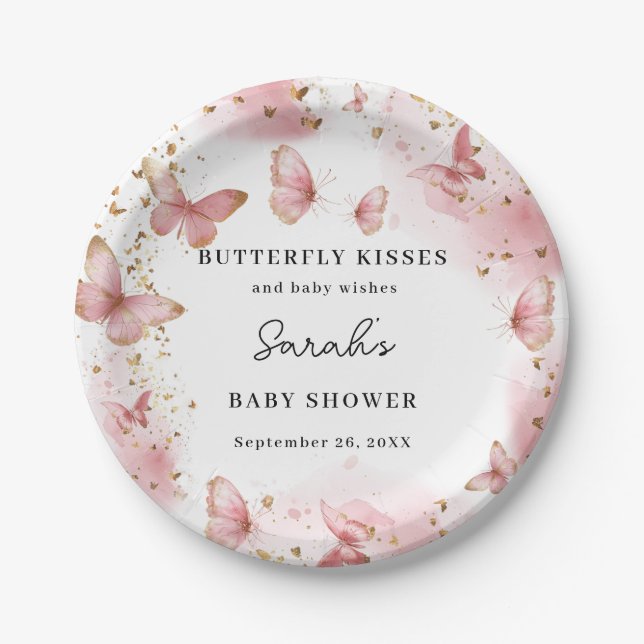 Personalized Pink Butterfly Baby Shower Plates Pappteller (Vorderseite)