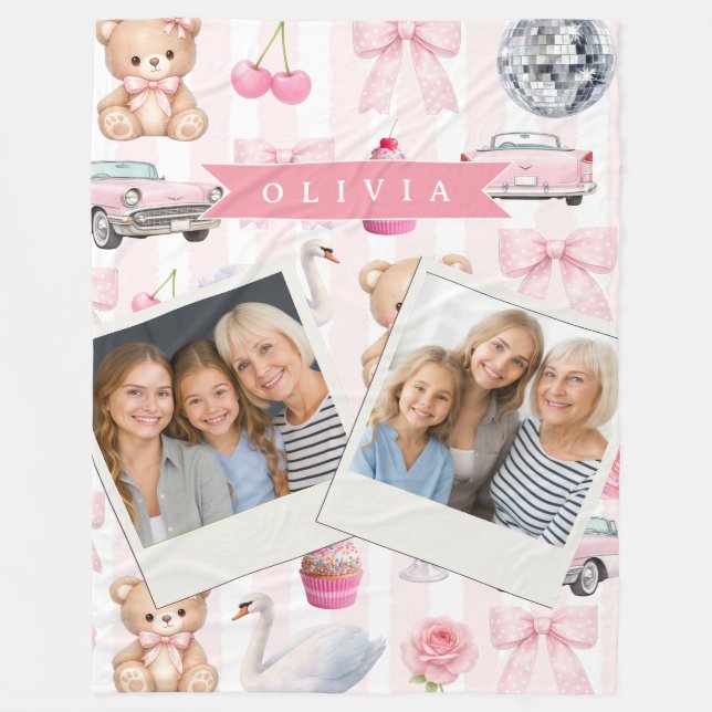 Personalized Pink Coquette Retro Cute Teddy Bear  Fleecedecke (Vorderseite)
