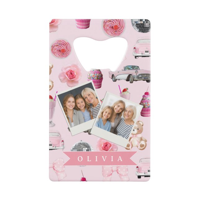 Personalized Pink Coquette Retro Cute Teddy Bear  Geldbeutel Flaschenöffner (Vorderseite)