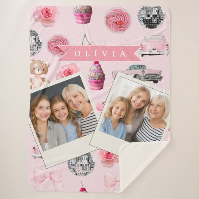 Personalized Pink Coquette Retro Cute Teddy Bear  Sherpadecke (Vorderseite)