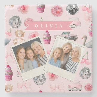 Personalized Pink Coquette Retro Cute Teddy Bear  Steinuntersetzer